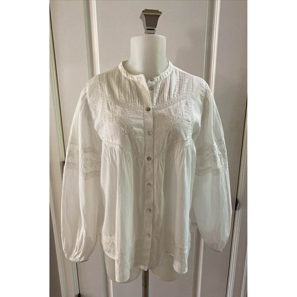 Zara Top Women's Size Medium White Front Button Peasant Boho Lace Crochet